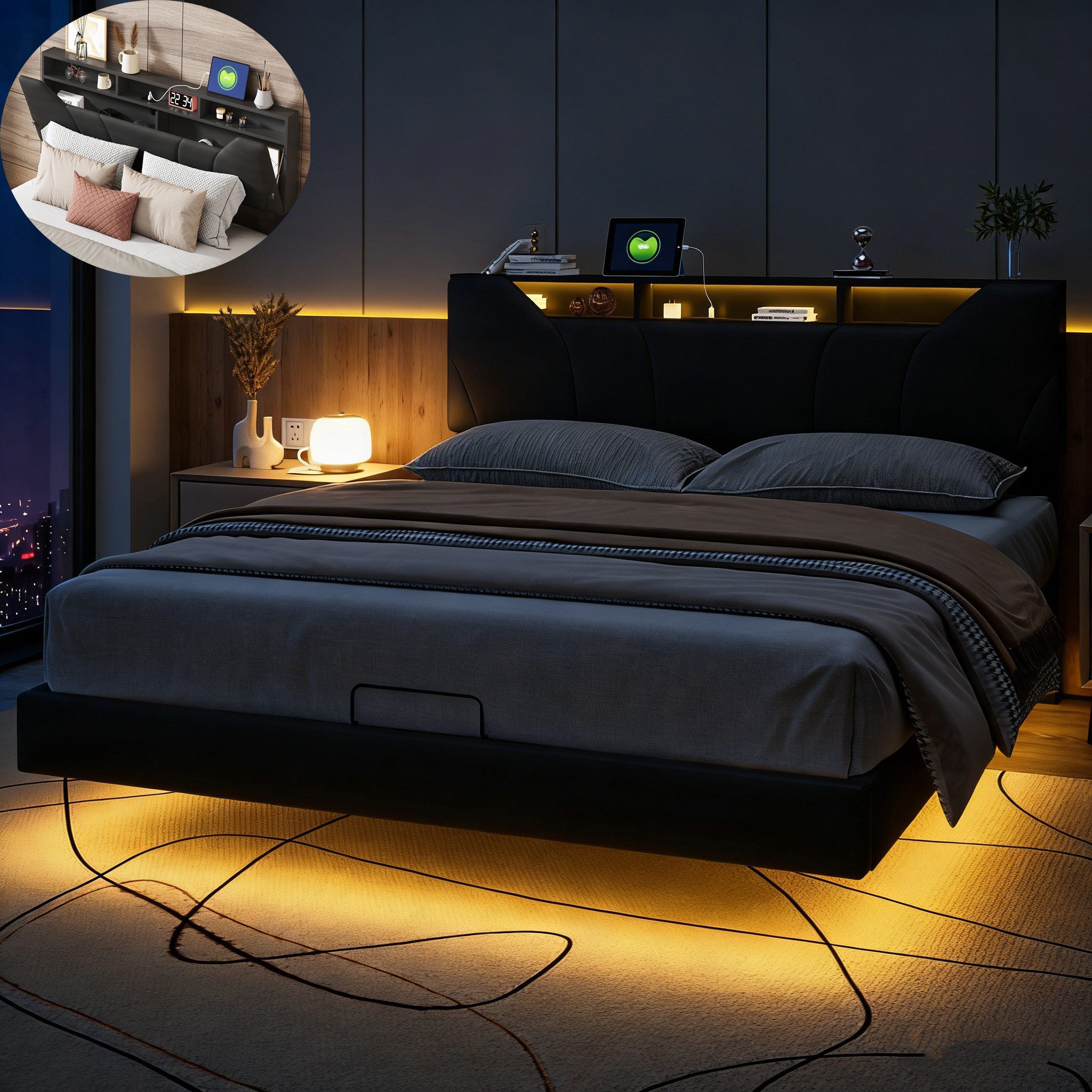 PXloue Polsterbett Doppelbett mit LED Licht 140x200cm,Hydraulisch anhebbarer Stauraumbett, Modernes Jugendbett, Leises Design Bett, Max. Belastbarkeit 350 kg