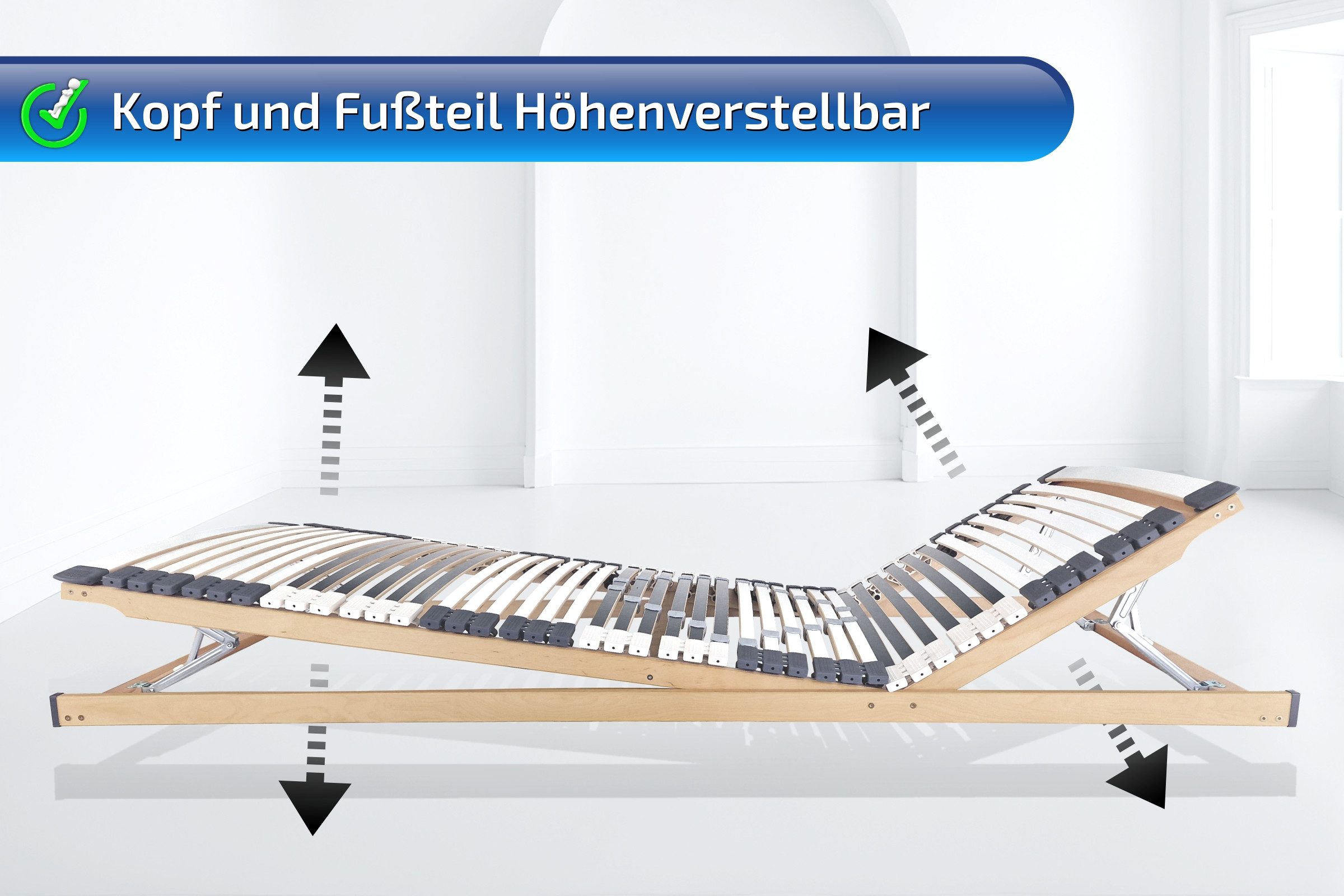 Lattenrost Lattenrost, 44 Leisten, stabil, MONTIERT bis 300 KG belastbar, Matratzen Perfekt, Kopfteil manuell verstellbar, Fußteil manuell verstellbar, Montiert Made in Germany, 100% Buchenholz 7 Zonen Lattenrost individueller Härtegradanpassung