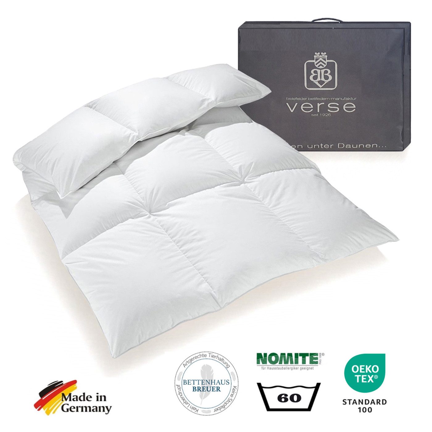 Bielefelder Bettfedern-Manufaktur Verse GmbH Daunenbettdecke Extra warme 100% Winter Daunendecke Holsteiner Daunen 135x200 1380g, Füllung: Neue weiße Holsteiner Daunen und Kleinstfedern, Bezug: 100% Baumwolle, Allergikergeeignet