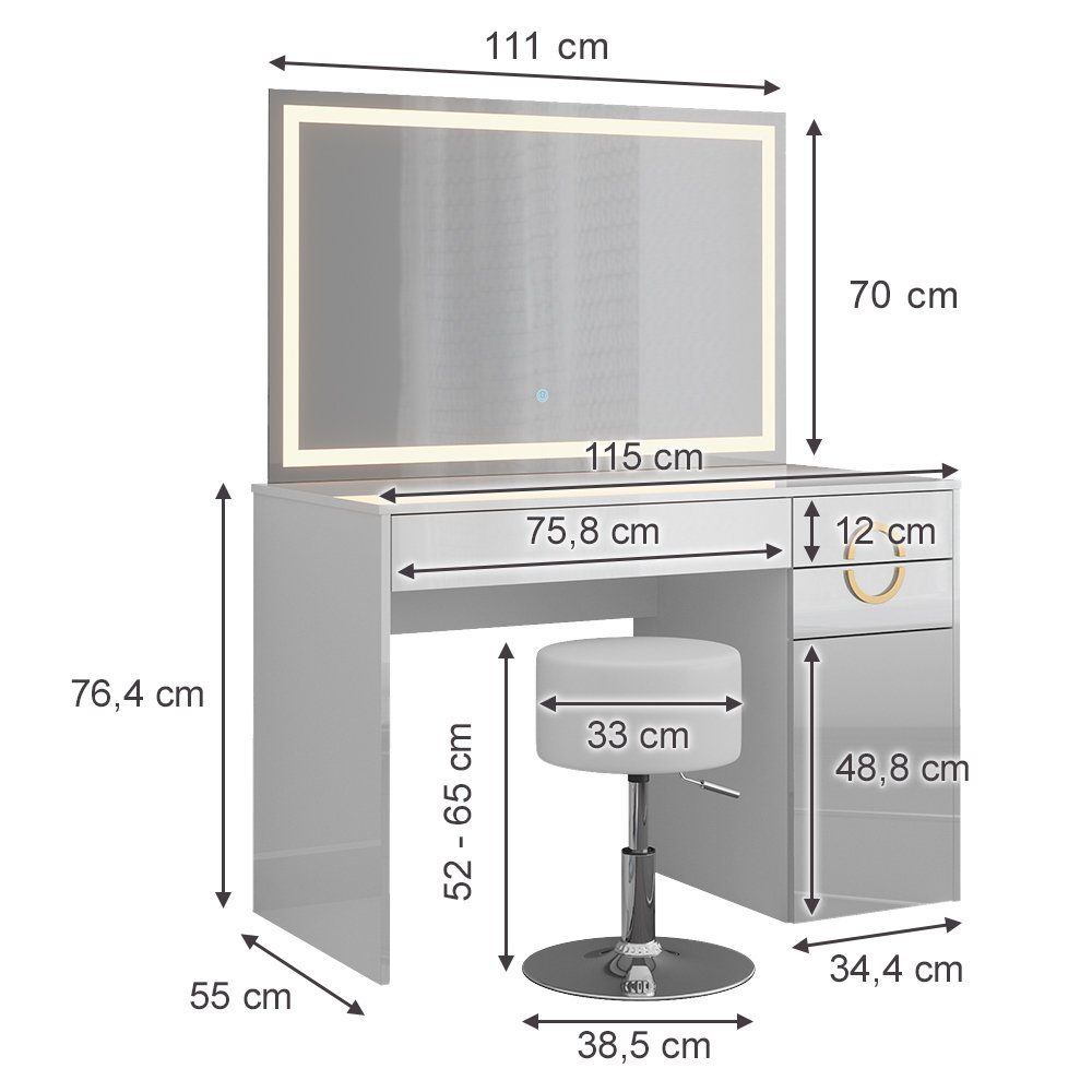 Vicco Schminktisch Adela, Weiß Hochglanz, 115 cm mit LED Spiegel und Hocker (3-St)
