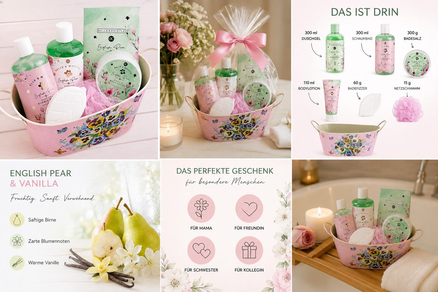 ACCENTRA Hautreinigungs-Set Belle & Whistle 1085 ml, 5-tlg., Badeset – Pflegeset in Blechwanne, English Pear & Vanilla