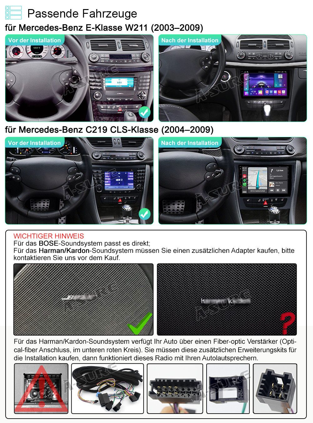 A-Sure 8-Core Android 15 GPS Carplay Für Mercedes E-Klasse W211 W219 Autoradio (4+64GB, Digitalradio (DAB), FM, AM, 1280*720, 8-Core)