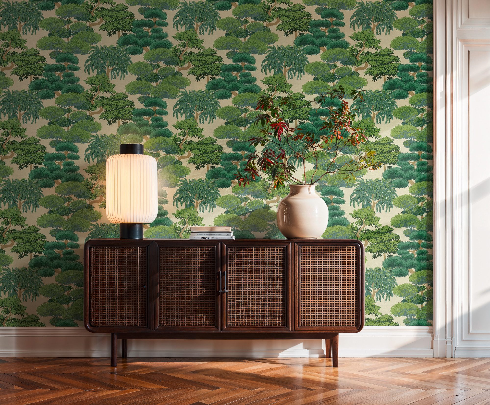 A.S. Création Vliestapete Cuba II Tropical Garden Trees, leicht strukturiert, Retro, floral, tropisch, Stilisiertes Naturmotiv mit dekorativen Bäumen und Tiefe