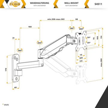 RICOO S4511 TV-Wandhalterung, (bis 32 Zoll, schwenkbar neigbar Monitor Wand Halter universal VESA 100x100 Gasfeder)