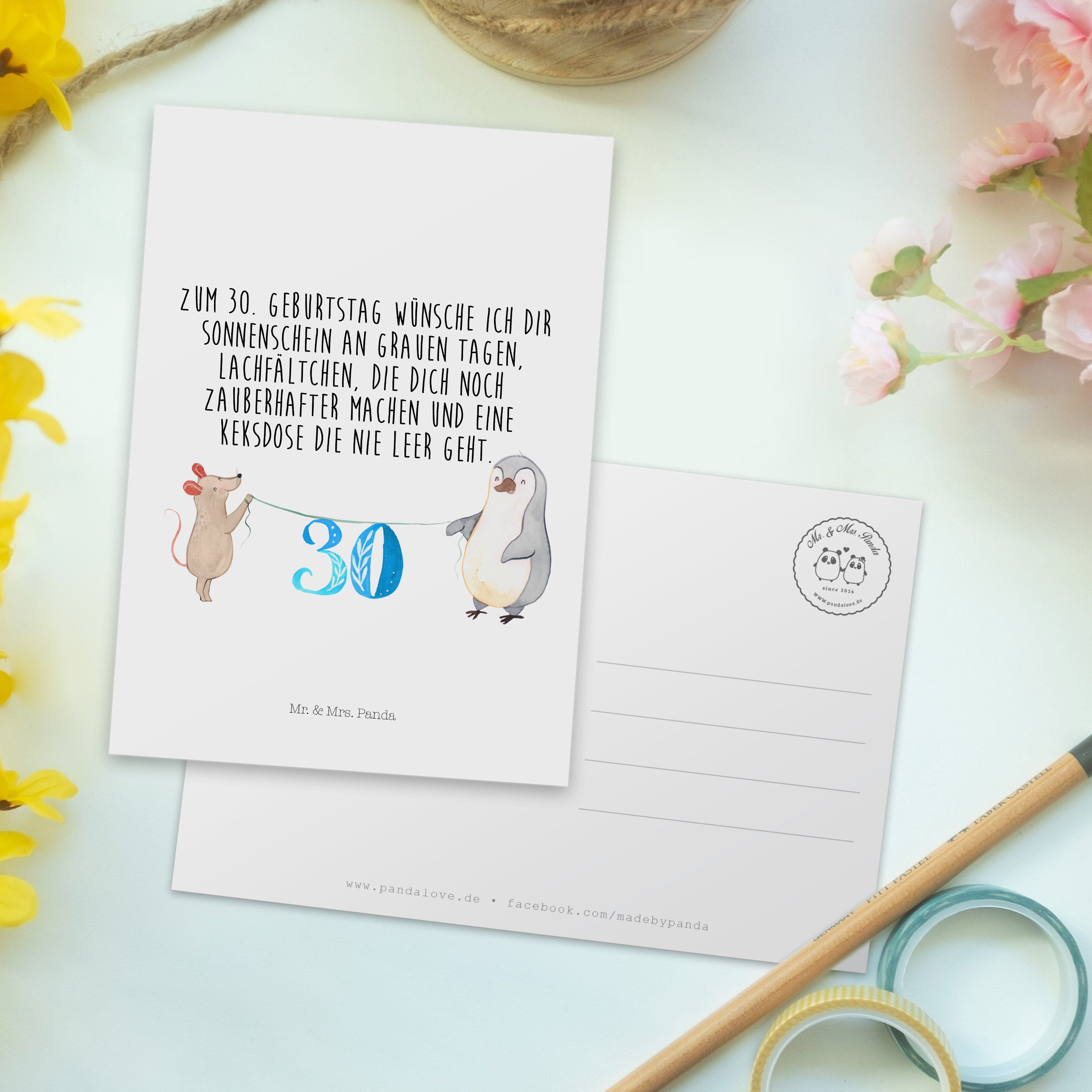 Mr. Postkarte Feiern, Pinguin & Geschenk, Geburtstag 30. - Maus - Weiß Mrs. Geschenkkarte Panda