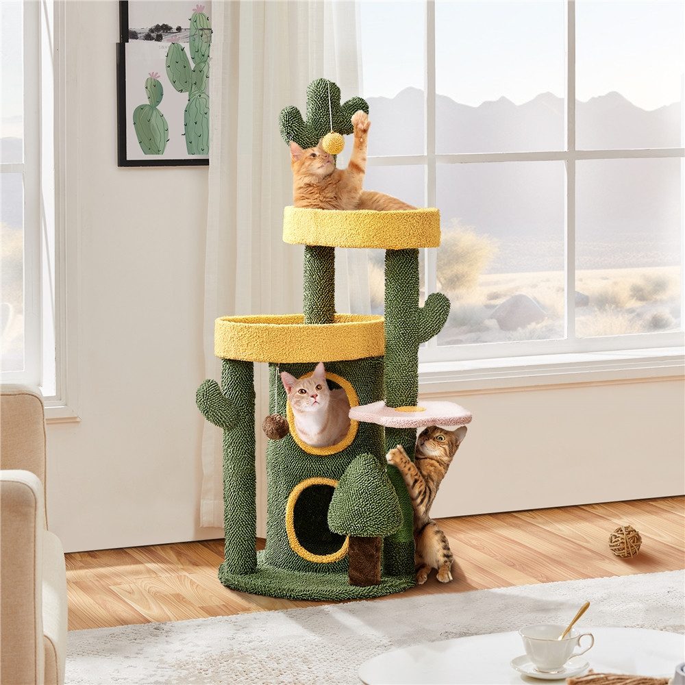 Yaheetech Kratzbaum 123 cm (H), Katzenbaum in Kaktus-Form, 2-schichtigen Katzenhöhle, Spielball