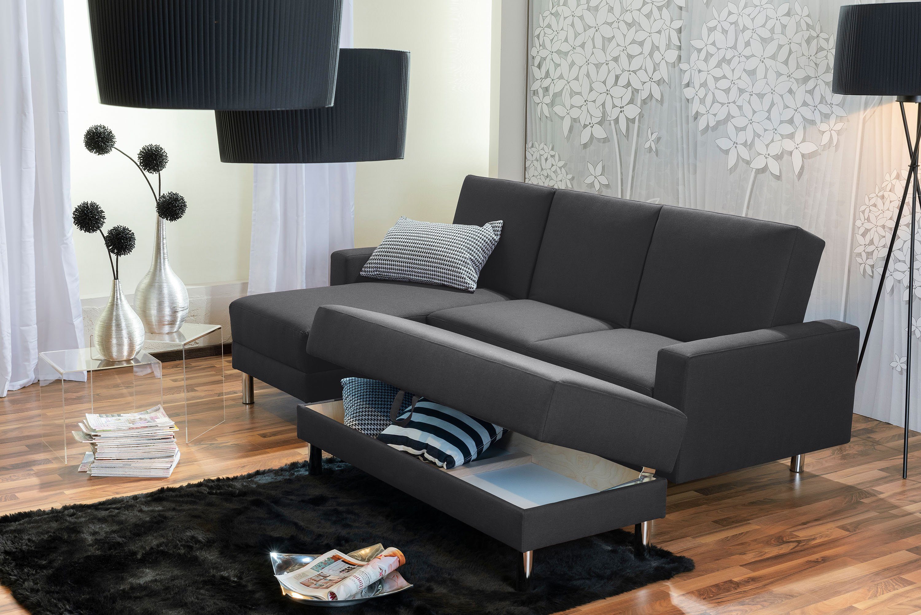 in Just Loungesofa Flachgewebe Germany 1 Made Max graphit, Funktionssofa Stück, Winzer® Fashion