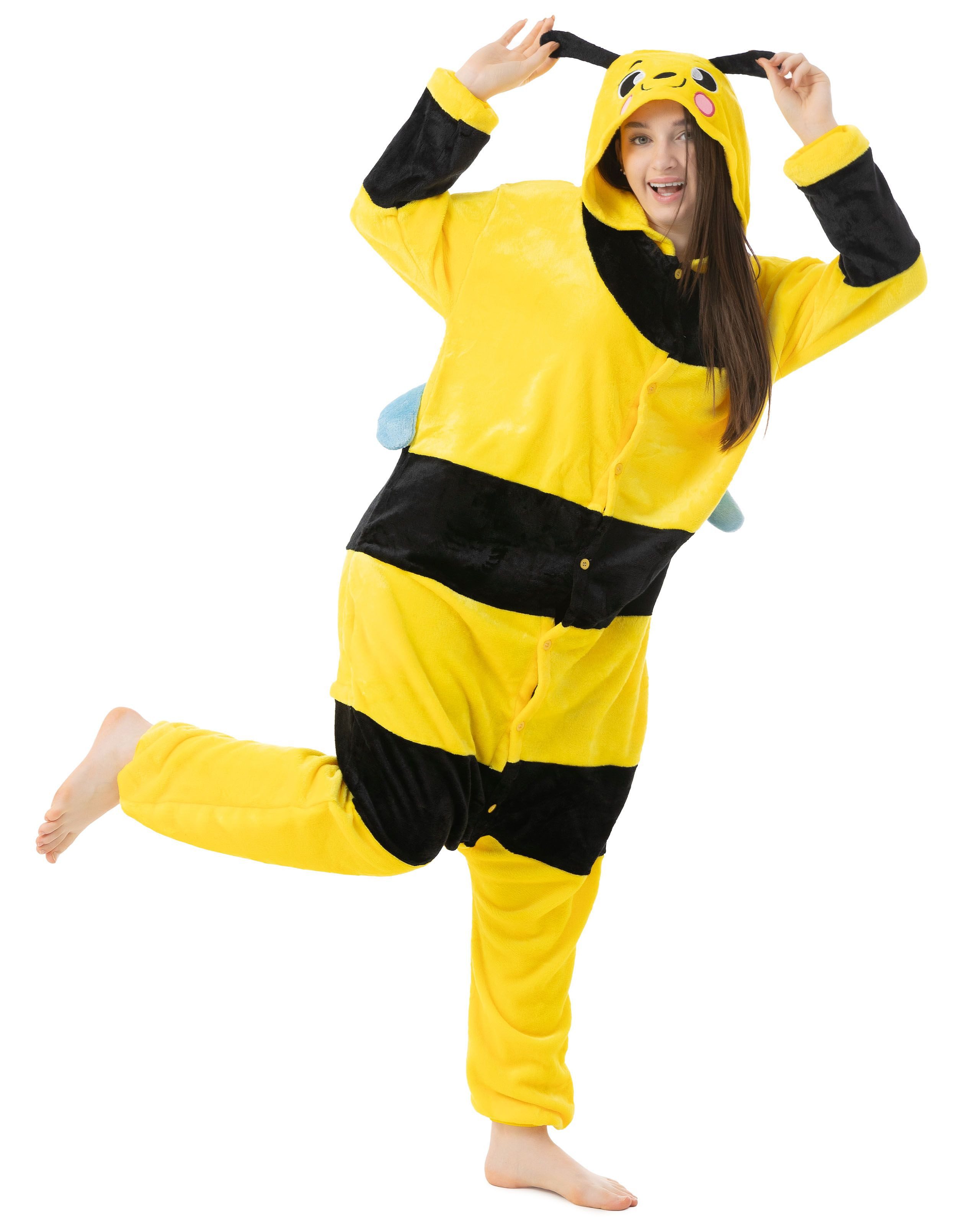 Katara Partyanzug Waldtiere Jumpsuit Kostüm Overall Erwachsene S-XL, Karneval - Kostüm, Kigurumi - Biene schwarz-gelb S (145-155cm)