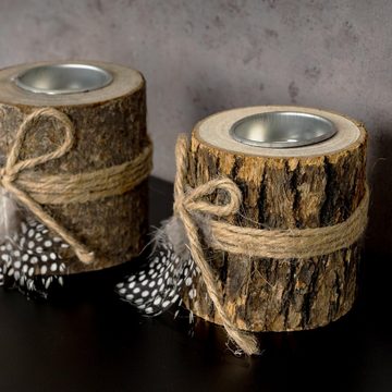 Levandeo® Teelichthalter, 2er Set Teelichthalter Holz je 8,5cm hoch Kerzenhalter Federn