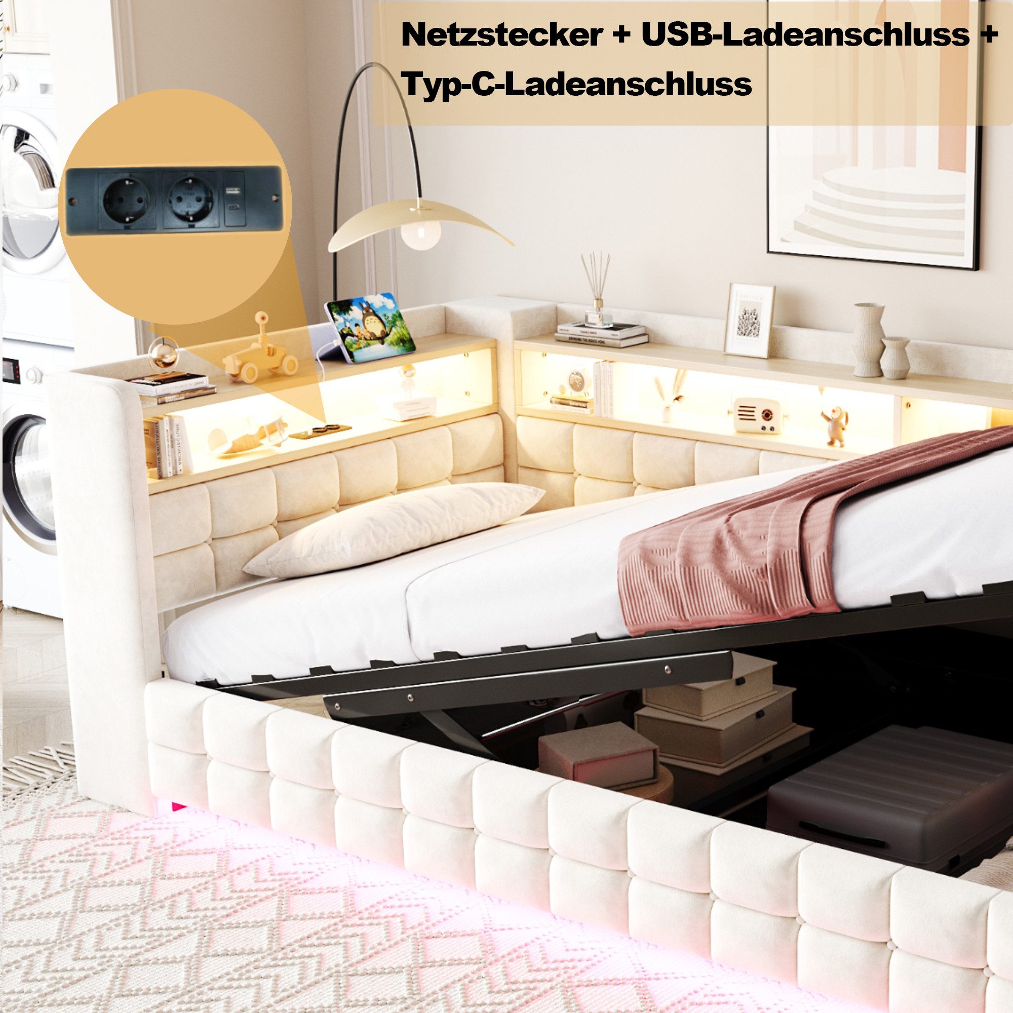 Merax Daybett mit LED-Beleuchtung und USB-Ladeanschlüssen (Jugendbett Kinderbett Einzelbett Sofabett aus Samtstoff, 1 tlg), Polsterbett Tagesbett 90x200cm mit h – Bild 5 von 5