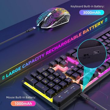 UrChoiceLtd T3 DrahtloseCombo orange beleuchtete 2.4G wiederaufladbare mechanische Tastatur- und Maus-Set, 2400DPI 6 Tasten Optische LED-Gaming-Maus + kostenlose Gaming-Mauspads