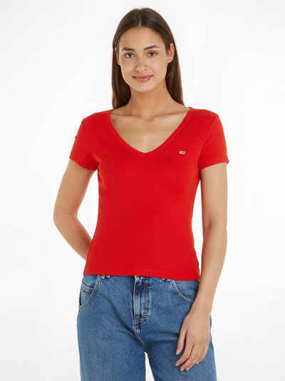 Tommy Jeans T-Shirt Slim Essential Rib V-Neck Rippshirt mit Logostickerei
