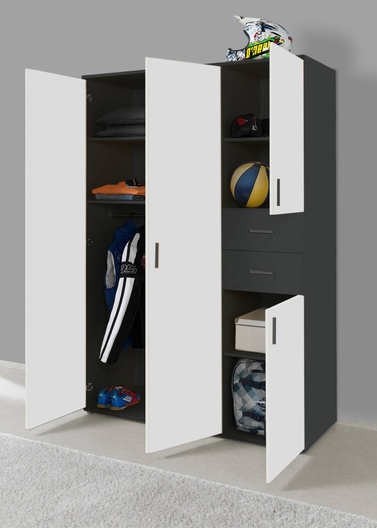 BMG Möbel Babyzimmer-Komplettset Kinderzimmer Set Elli, (Spar-Set, Kleiderschrank, Wickelkommode, Babybett), inkl. Schlupfsprossen, Farbe Weiß Anthrazit, Made i – Bild 3 von 5