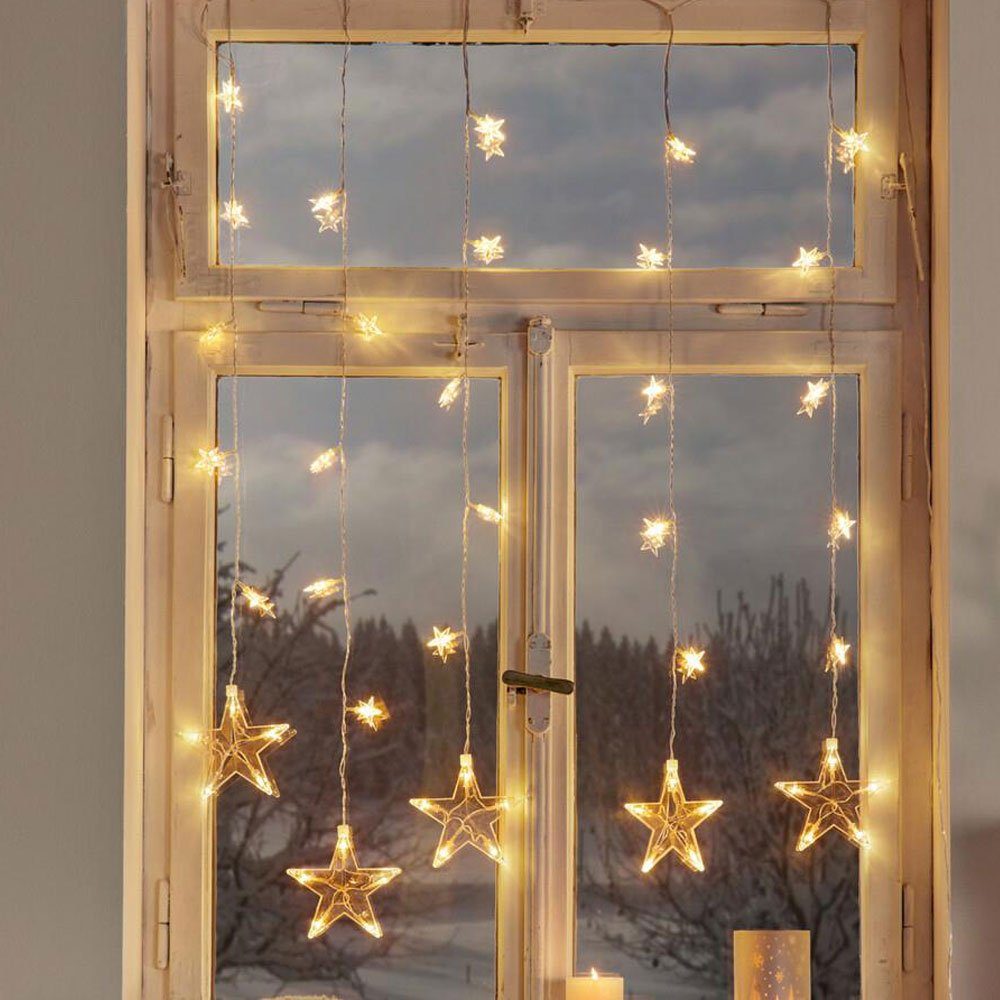 Home-trends24.de LED-Lichterkette Lichtervorhang Beleuchtung Sterne Weihnachten Timer Warmweiß