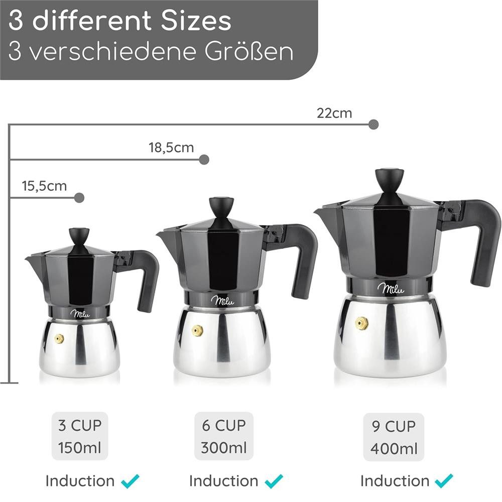 Milu Espressokocher, Espressokocher Induktion Aluminium Edelstahl, Schwarz