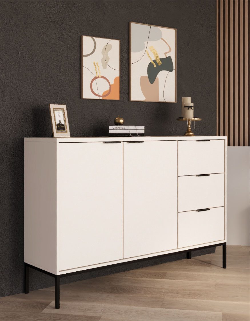 Raumhirsch Furniture Kommode Austin 150x40x100 cm (Einzelmöbel, Kommode mit 2 Türen & 3 Schubladen), hochwertige Verarbeitung, ABS-Kanten, elegante Metallgriffe