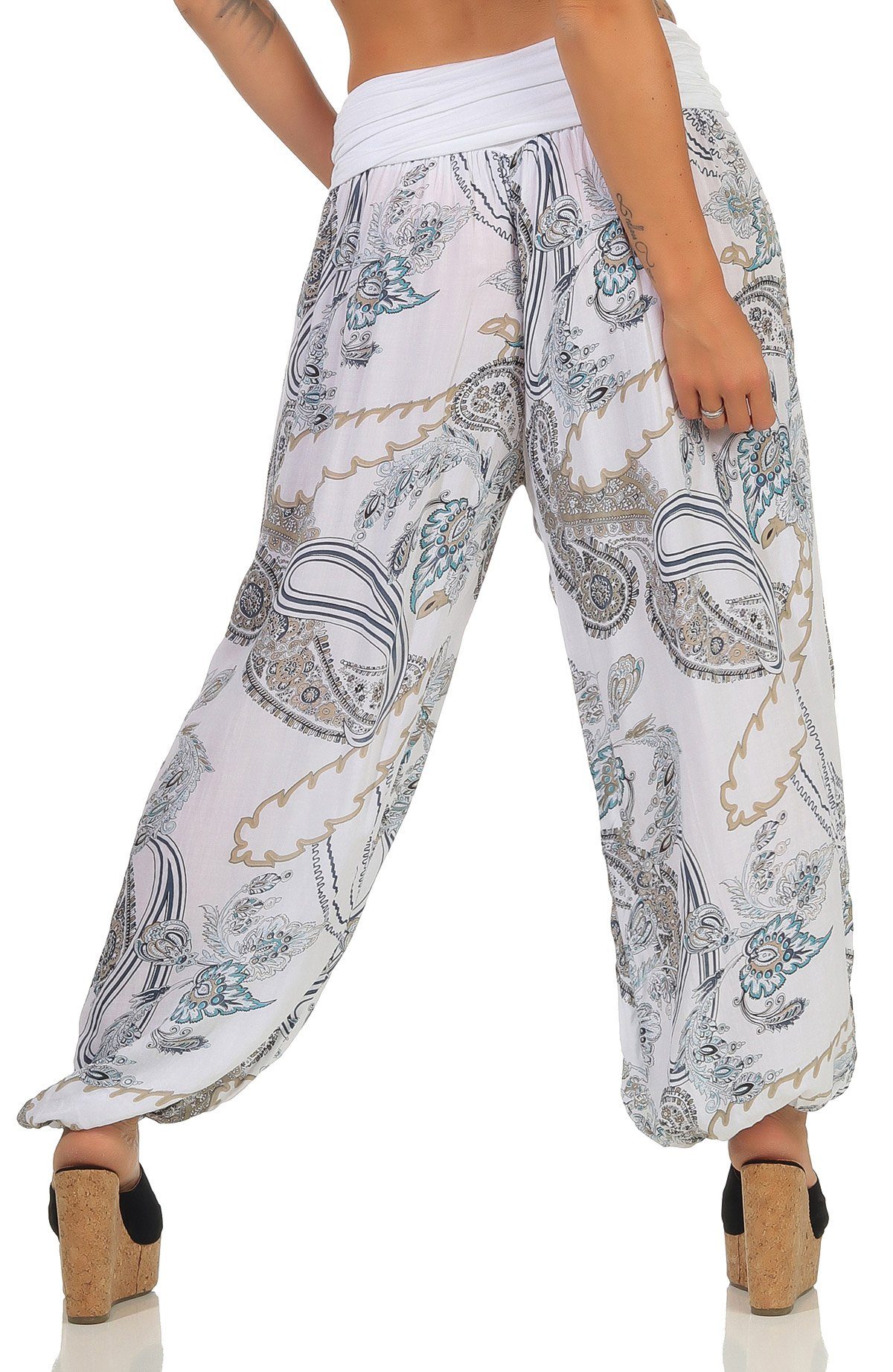 7185 mit All-Over-Print more Haremshose than weiß fashion Pluderhose malito