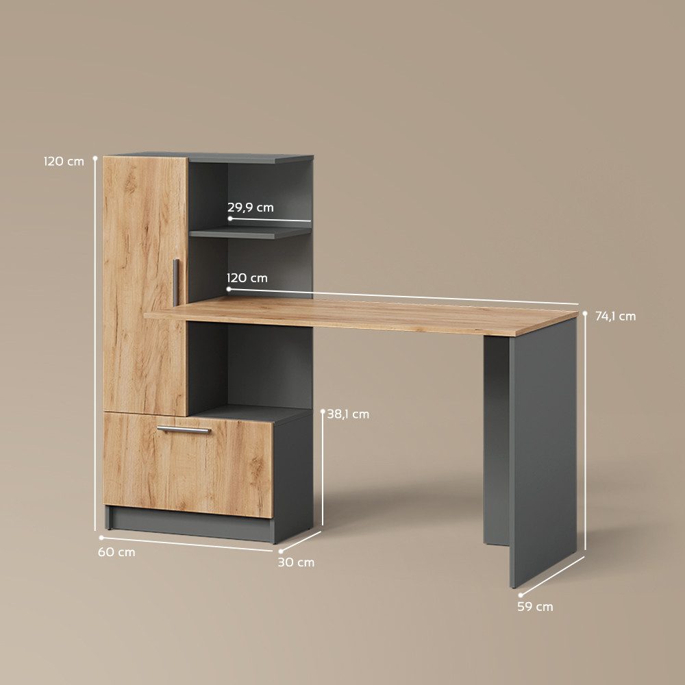 Livinity® Schreibtisch Lorena, Anthrazit/Goldkraft Eiche, 150 x 120.1 cm mit 2 Türen (1-St)