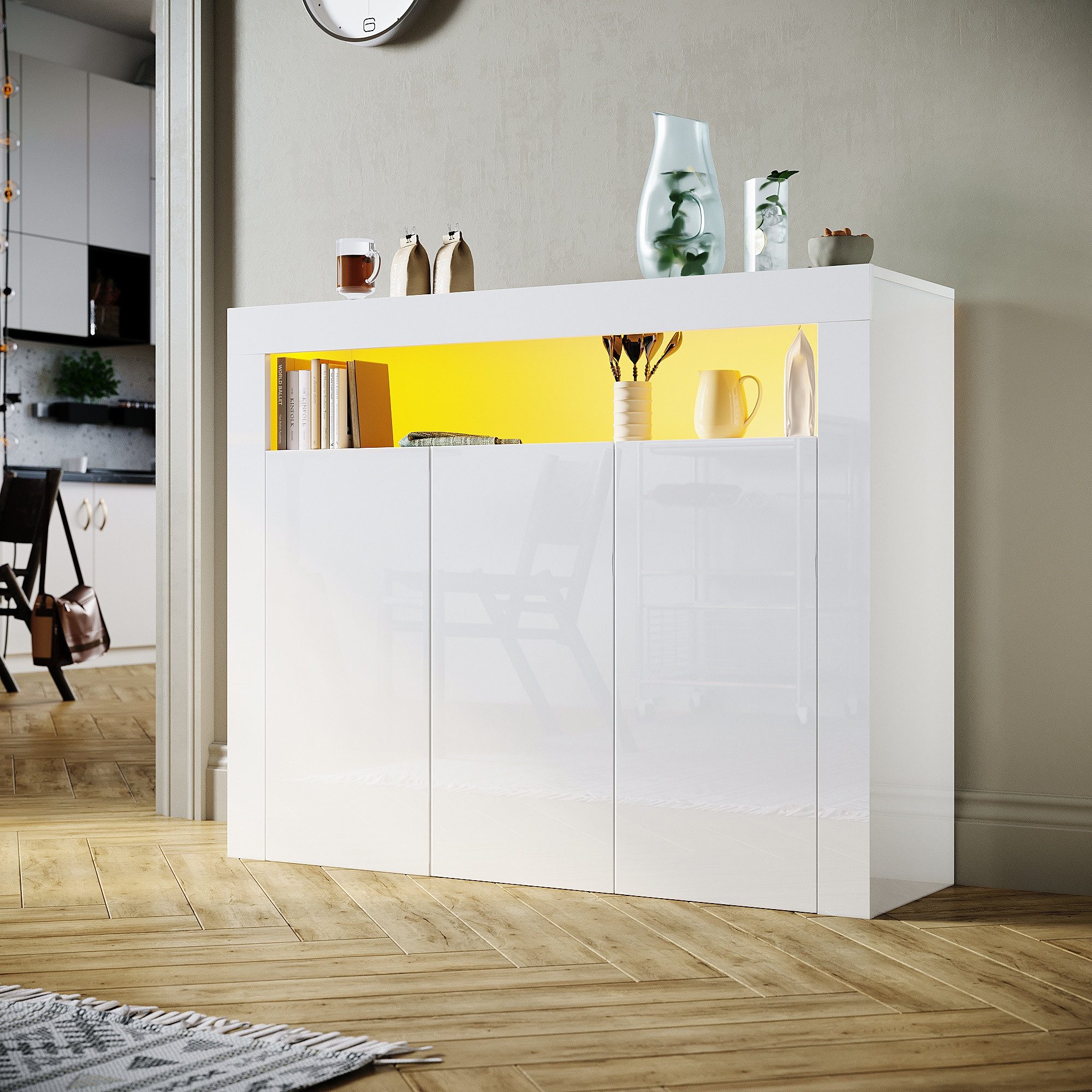 SONNI Kommode Sideboard Weiß Hochglanz mit LED Beleuchtung Kommode, Wohnzimmer