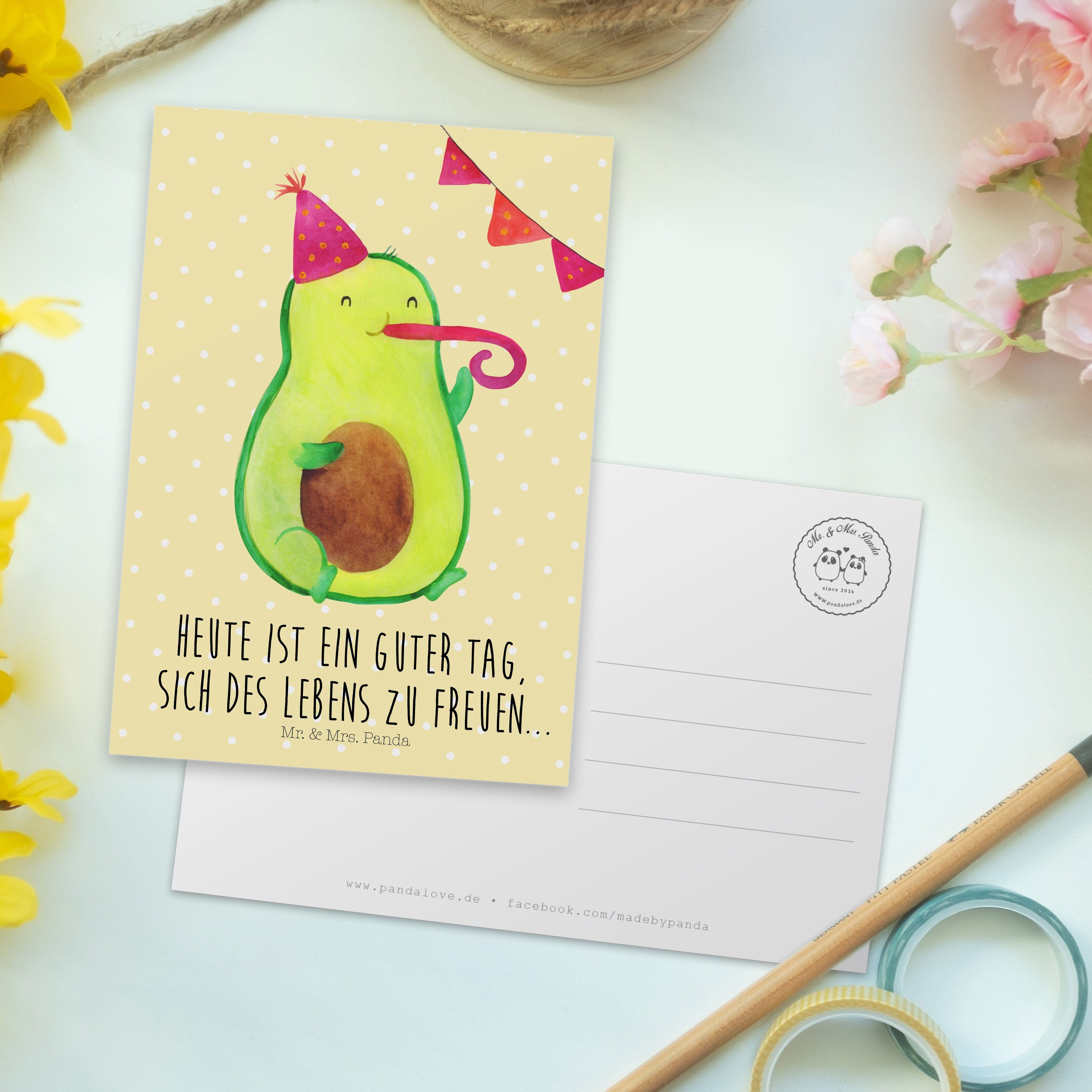 - Dankeskarte, Avocado - Mr. Pastell Postkarte Party Geschenk, Gelb & Panda Vegan, Einladun Mrs.