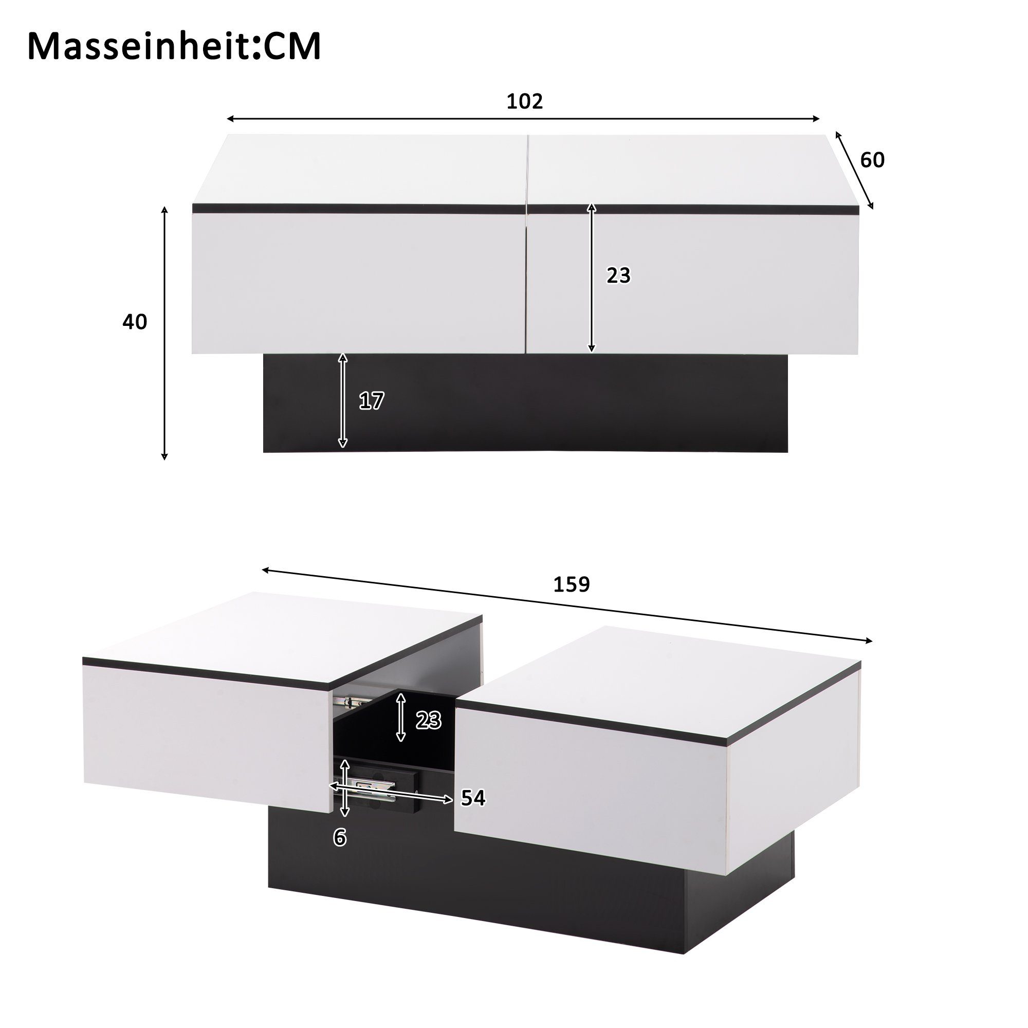 Tisch Sofatisch Tisch Verstellbar 2 Stauraum Couchtisch und Schubladen Weiß 2 Teetisch und (mit WISHDOR Hochglanz Regale), Beistelltisch Wohnzimmer Kaffeetisch ausziehbarem für Wohnzimmertisch