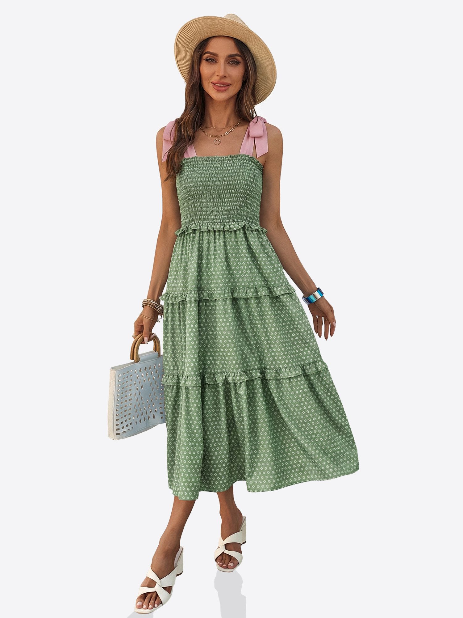 Imily Bela Trägerkleid Damen Sommer Blumendruck Maxikleid rosa Schleifenträgern Ärmellos (Packung, 1-tlg., 1per-Pack) mit gerafftem Oberteil und mehrlagigen Rüschen