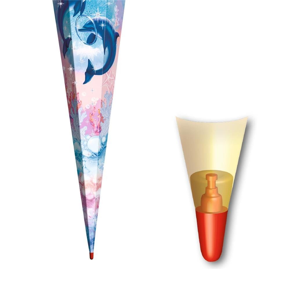 Roth Schultüte Delfine mit Glitter & Glitzerborte, 85 cm, eckig, rosafarbiger Tüllverschluss, Zuckertüte für Schulanfang – Bild 5 von 5