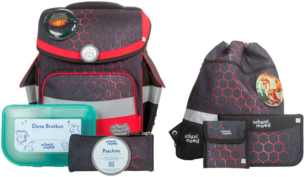 SCHOOL-MOOD® Schulranzen Timeless, Mika (Drache) (Set, 7-tlg), mit LED-Patchy; aus recyceltem Material