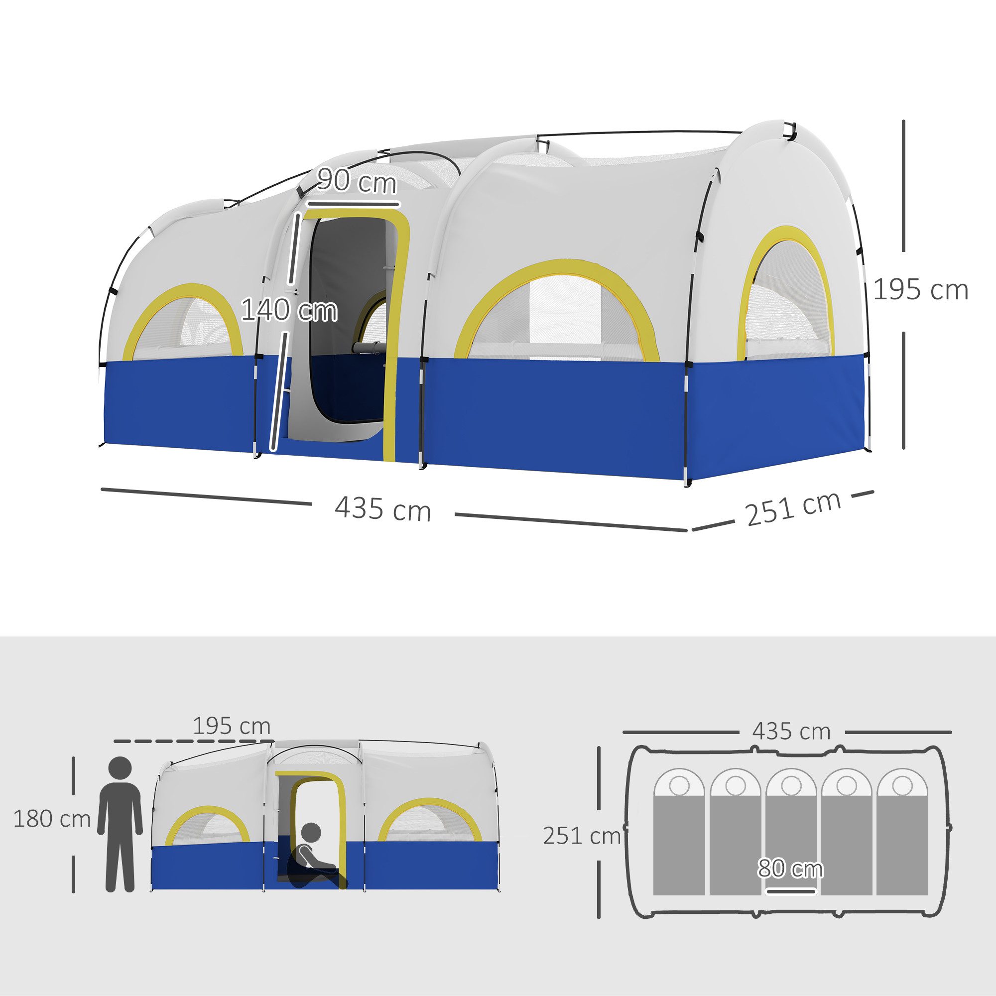 Outsunny Tunnelzelt Winddicht Campingzelt mit 3 Raum, UV Schutz, Meshfenster, Personen: 6 (Gruppenzelt, 1 tlg., 3000mm Wasserabweisend Familienzelt), für Garten, Camping, Blau