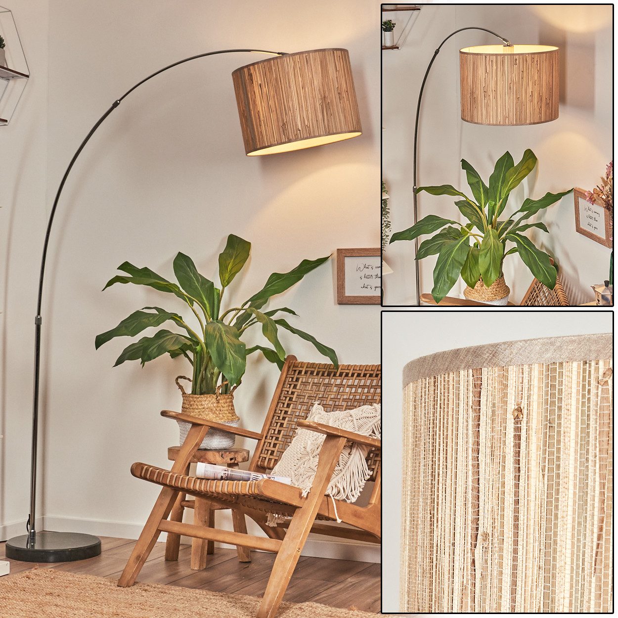 hofstein Bogenlampe Stehlampe mit Marmorfuß aus Metall/Seegras, Schwarz/Chrom/Natur/Braun, verstellbare Stehleuchte mit Marmorfuß u.Fußschalter, Boho-Design, E27