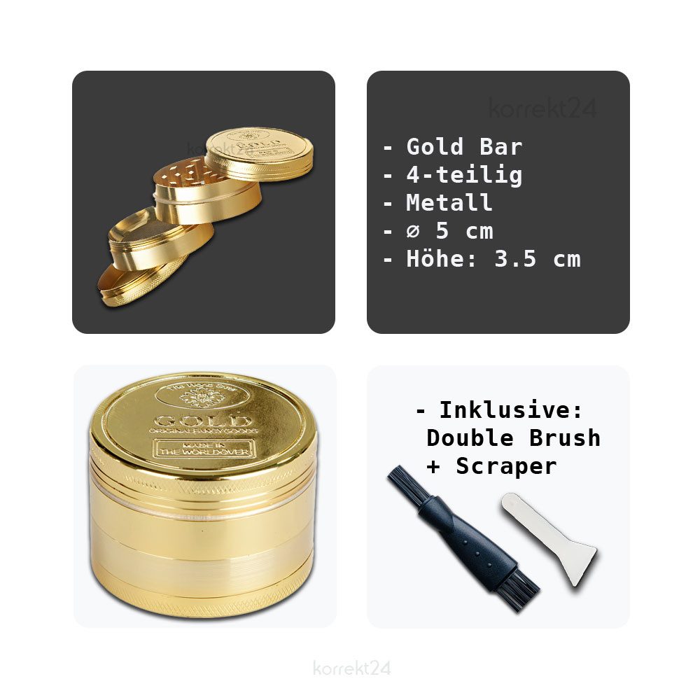 Coumo Kräutermühle Goldbarren Design Metall Grinder Crusher Gewürzmühle Set ⌀ 5 cm, Goldbarren Design