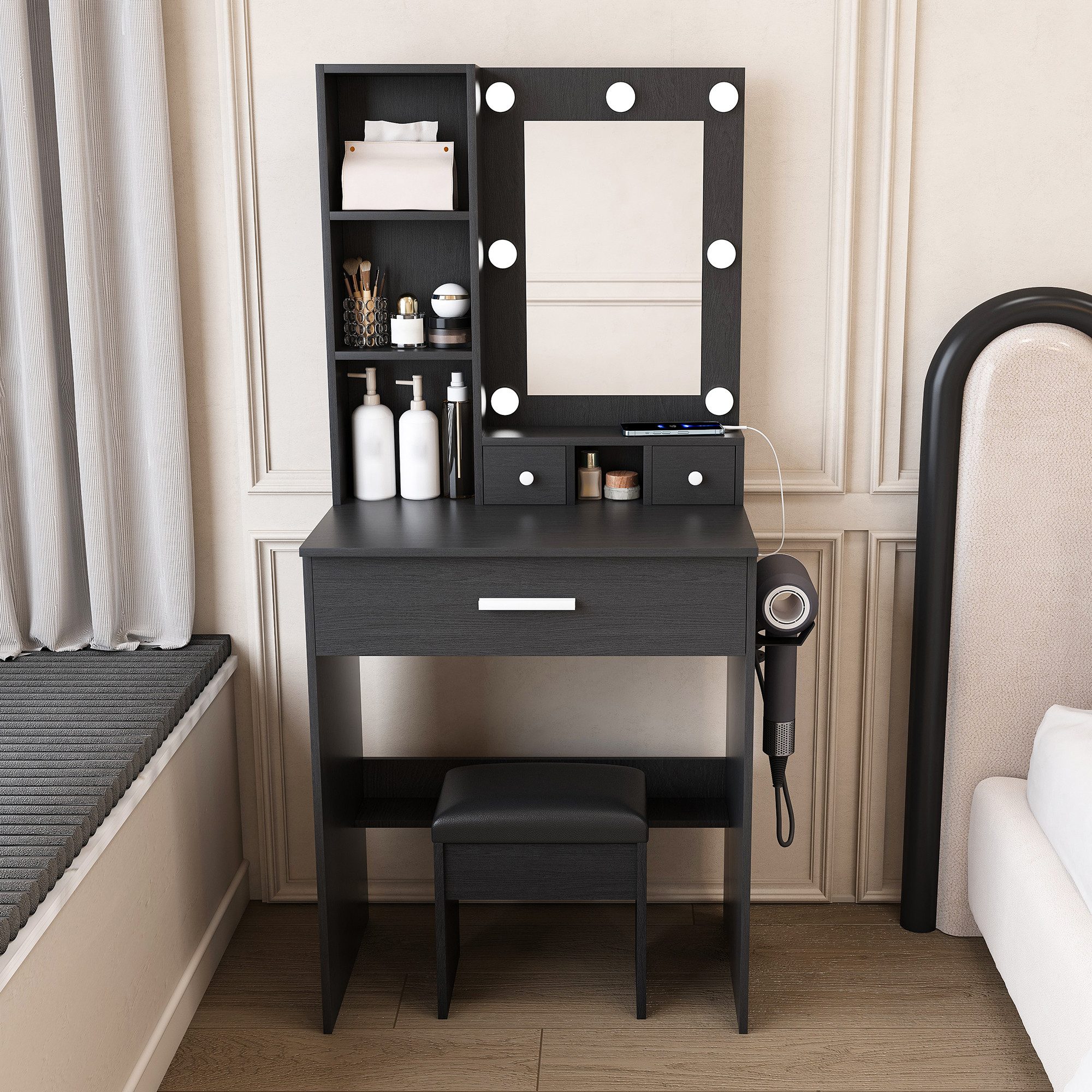 KLAM HOME Schminktisch Weißer Schminktisch mit LED-Spiegel und gepolstertem Hocker (Kompakter Make-up Tisch mit Föhnhalter und Schubladen), Schminktisch-Set mit verstellbarer LED-Beleuchtung
