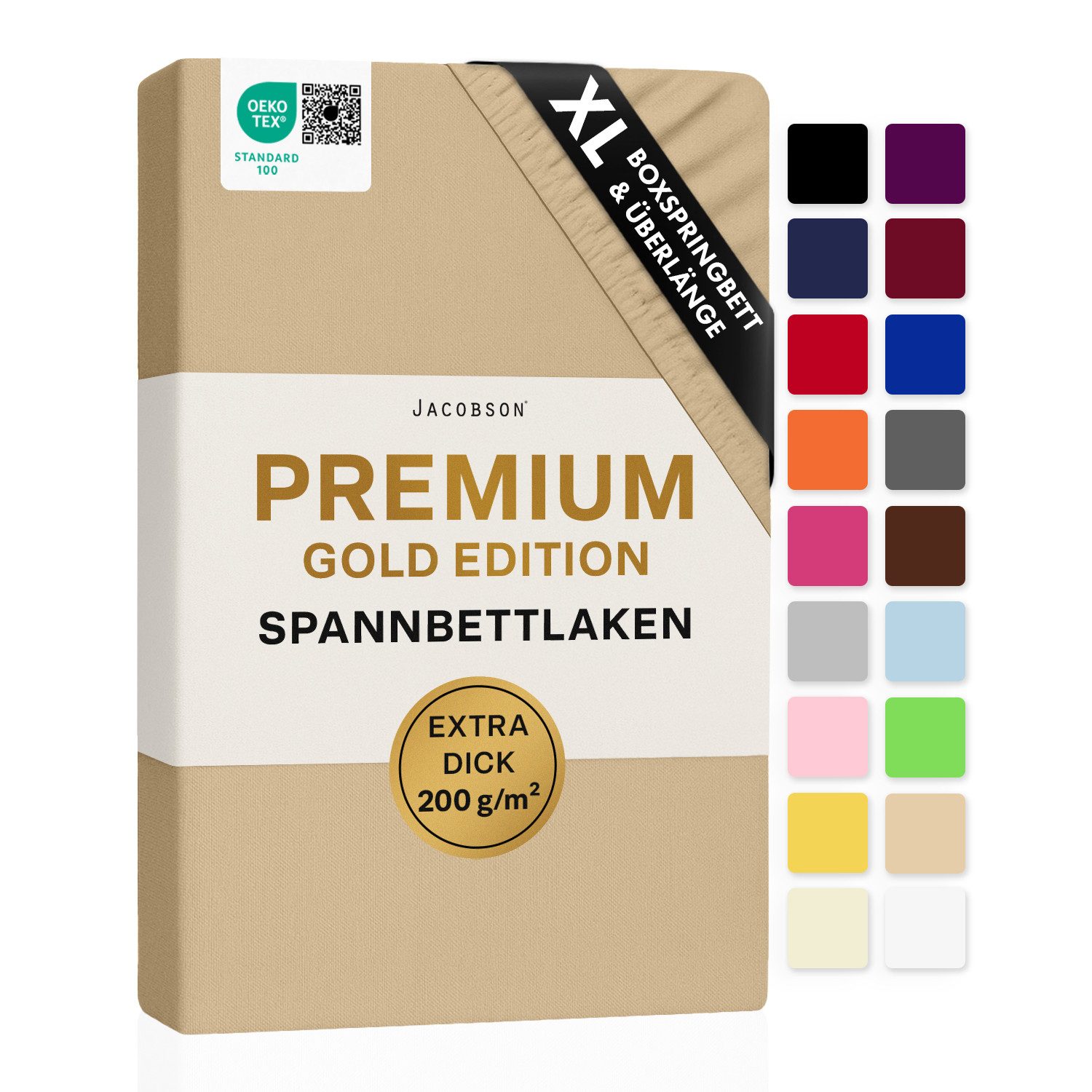 Jacobson Spannbettlaken PREMIUM für hohe Matratzen, Boxspringbett & Überlänge - 200 g/m², Stoffgewicht - straffer Sitz für maximalen Halt