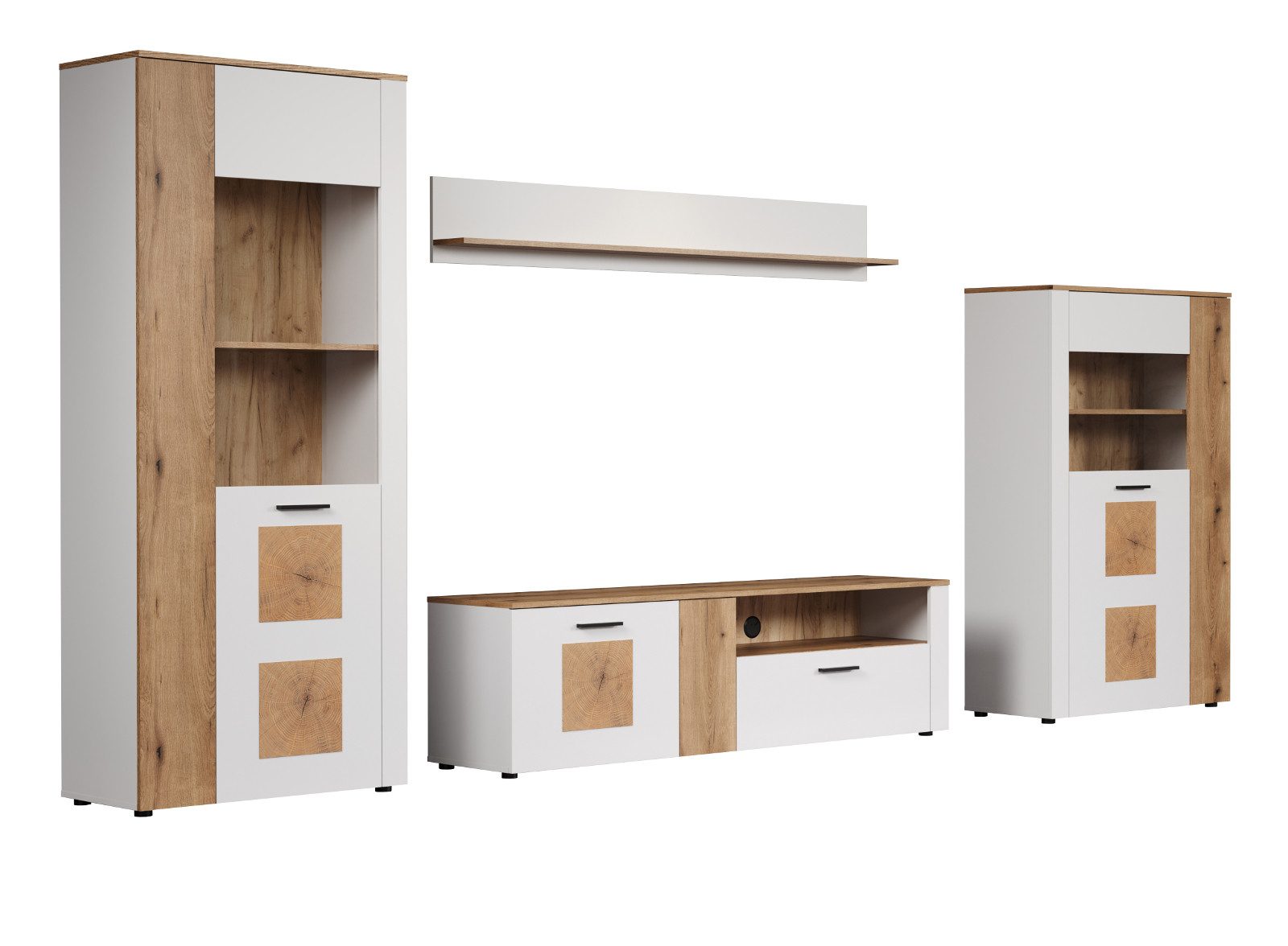 Inn.Furn Wohnwand Vianna, (Wohnkombination in weiß matt mit Eiche, 4-teilig, 360 x 195 cm), mit Hirnholz