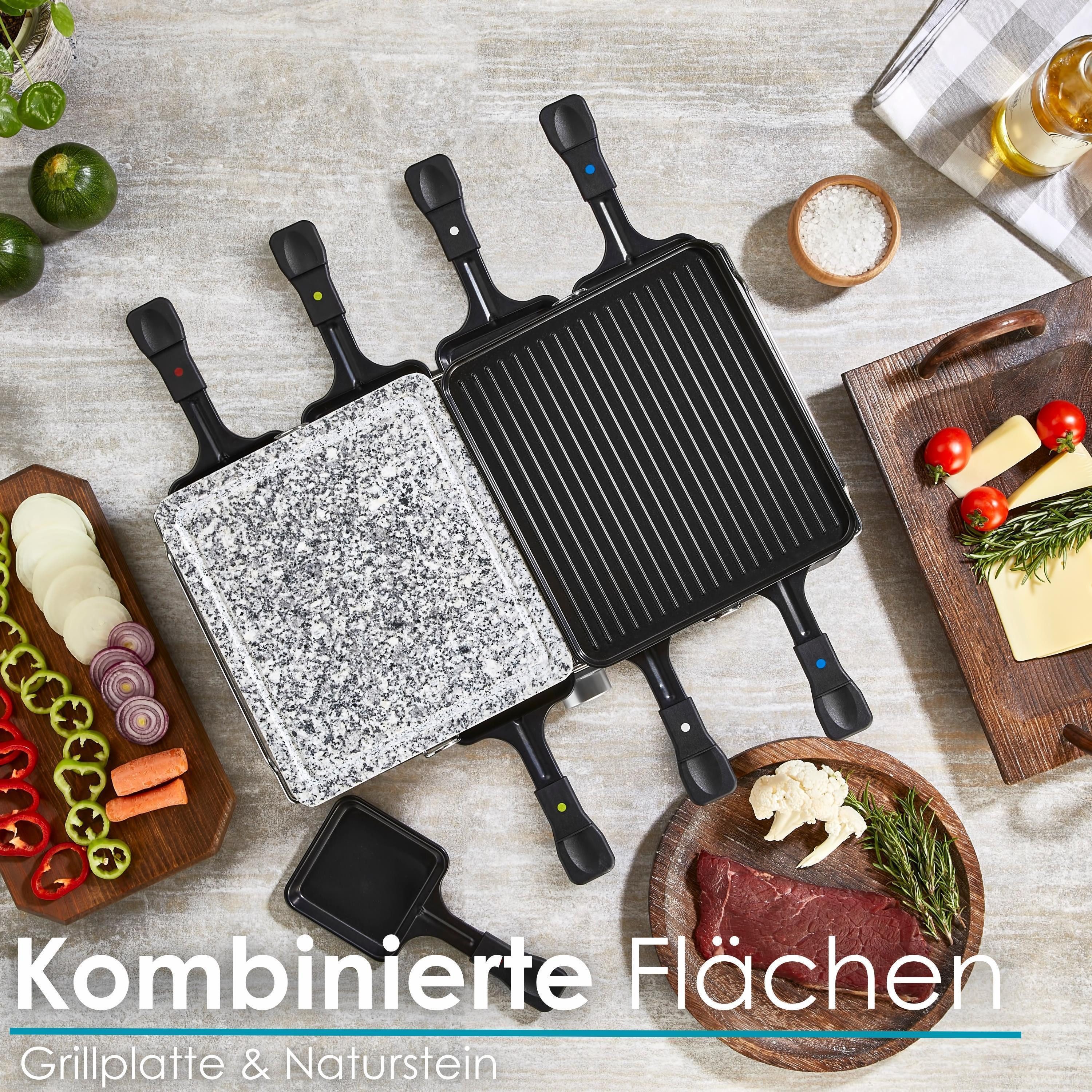 Zilan Raclette ZLN-8863, 8 Raclettepfännchen, 1400 W, Naturgrillstein & Grillplatte,8 Personen,Antihaftbeschichtet