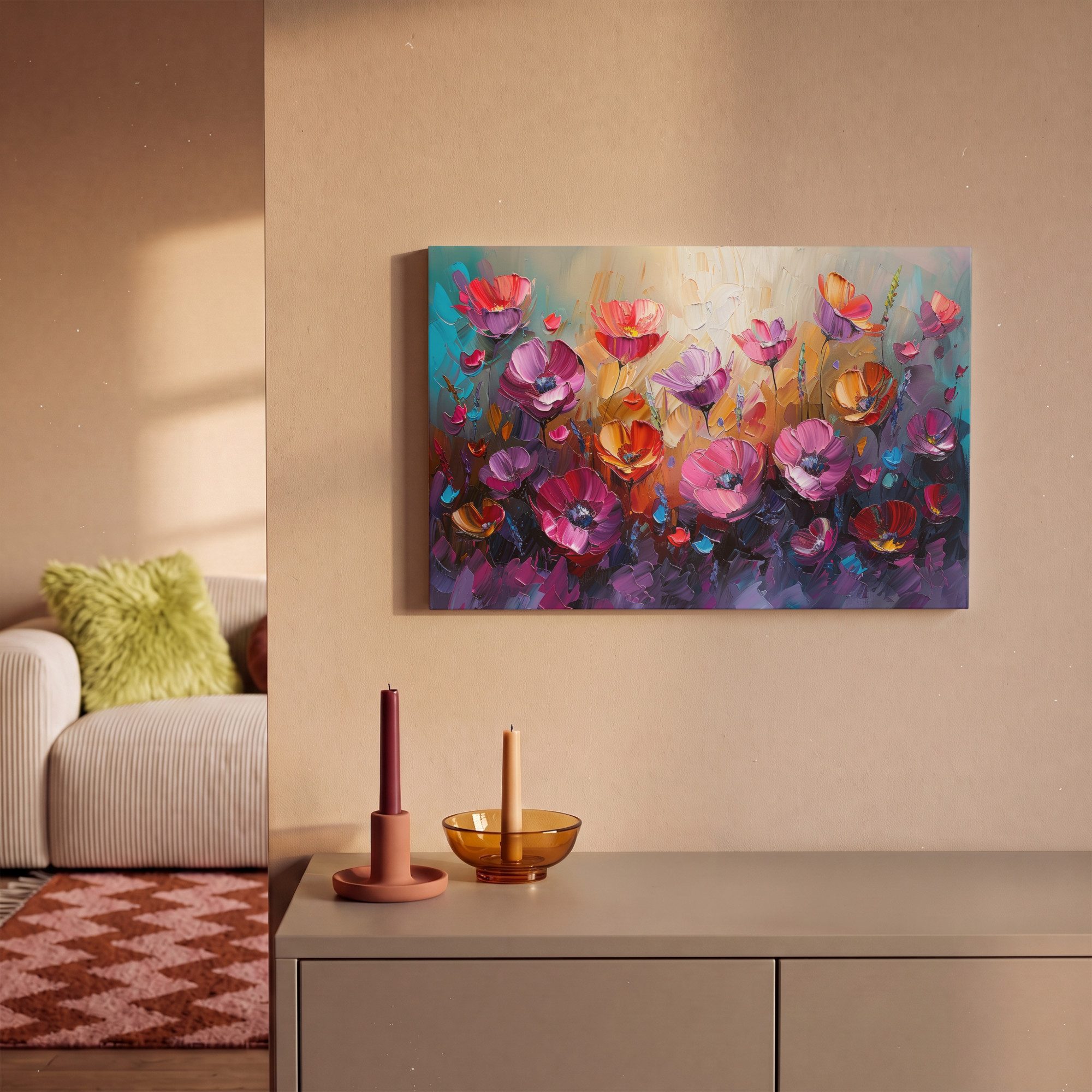 OneMillionCanvasses® Leinwandbild Blumen - Lila - Farbenfroh - Handbemalt - Kunst, Fotodruck (1 St), Leinwand Bilder Klein, Wand Dekoration Aesthetic 30x20 cm – Bild 2 von 5