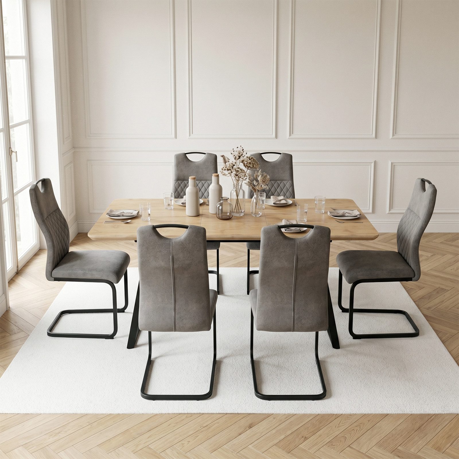 Jiexi Essgruppe Essgruppe ausziehbar Eiche-Optik MDF Tisch mit Freischwinger