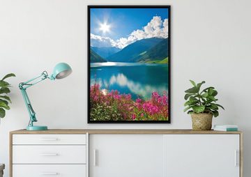 Pixxprint Leinwandbild Blumenwiese See, Wanddekoration (1 St), Leinwandbild fertig bespannt, in einem Schattenfugen-Bilderrahmen gefasst, inkl. Zackenaufhänger