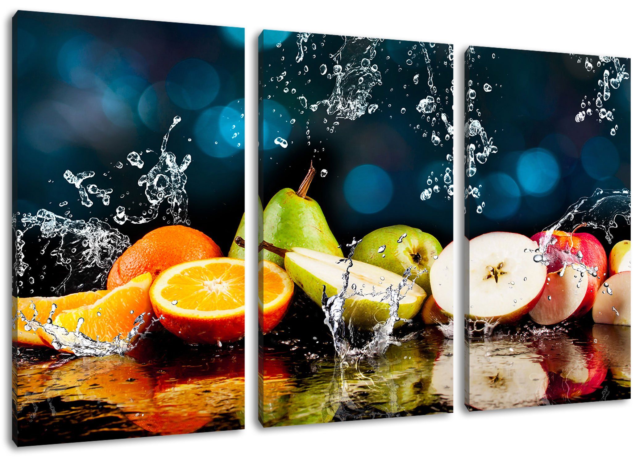 Pixxprint Leinwandbild Früchte im Wasser, Früchte im Wasser 3Teiler (120x80cm) (1 St), Leinwandbild fertig bespannt, inkl. Zackenaufhänger