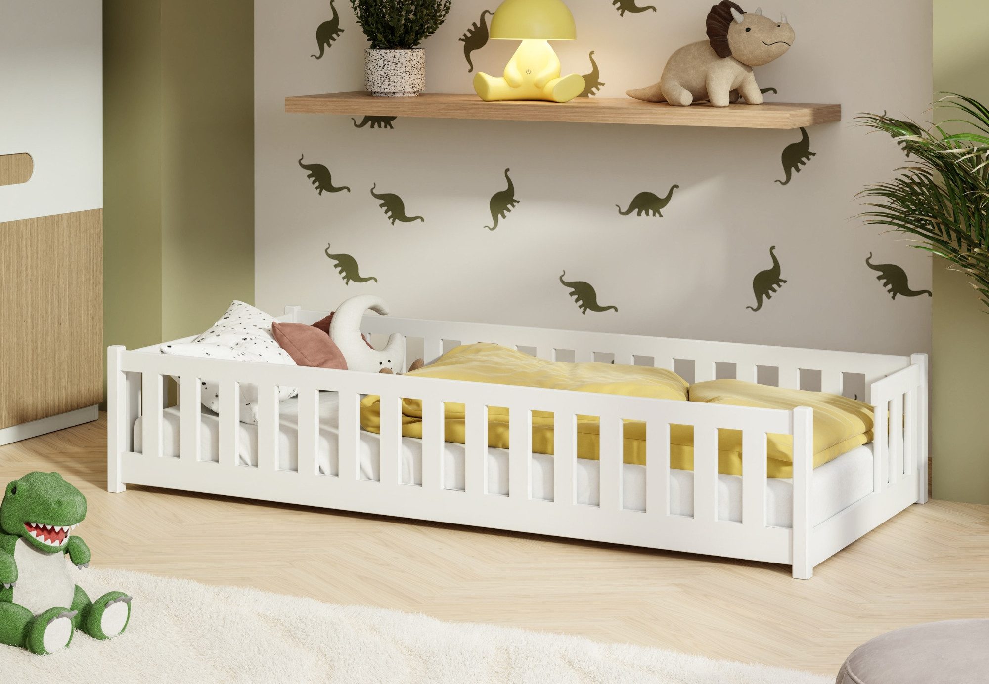 Kids Collective Kinderbett Bodenbett mit Rausfallschutz & Lattenrost Montessori Betten Kinder (Verfügbare Größen: 80 x 160, 80 x 180, 90 x 190, 90 x 200, 120 x 200, 140 x 200 cm), Jugendbett Einzelbett Kiefer Weiß 80x180 cm