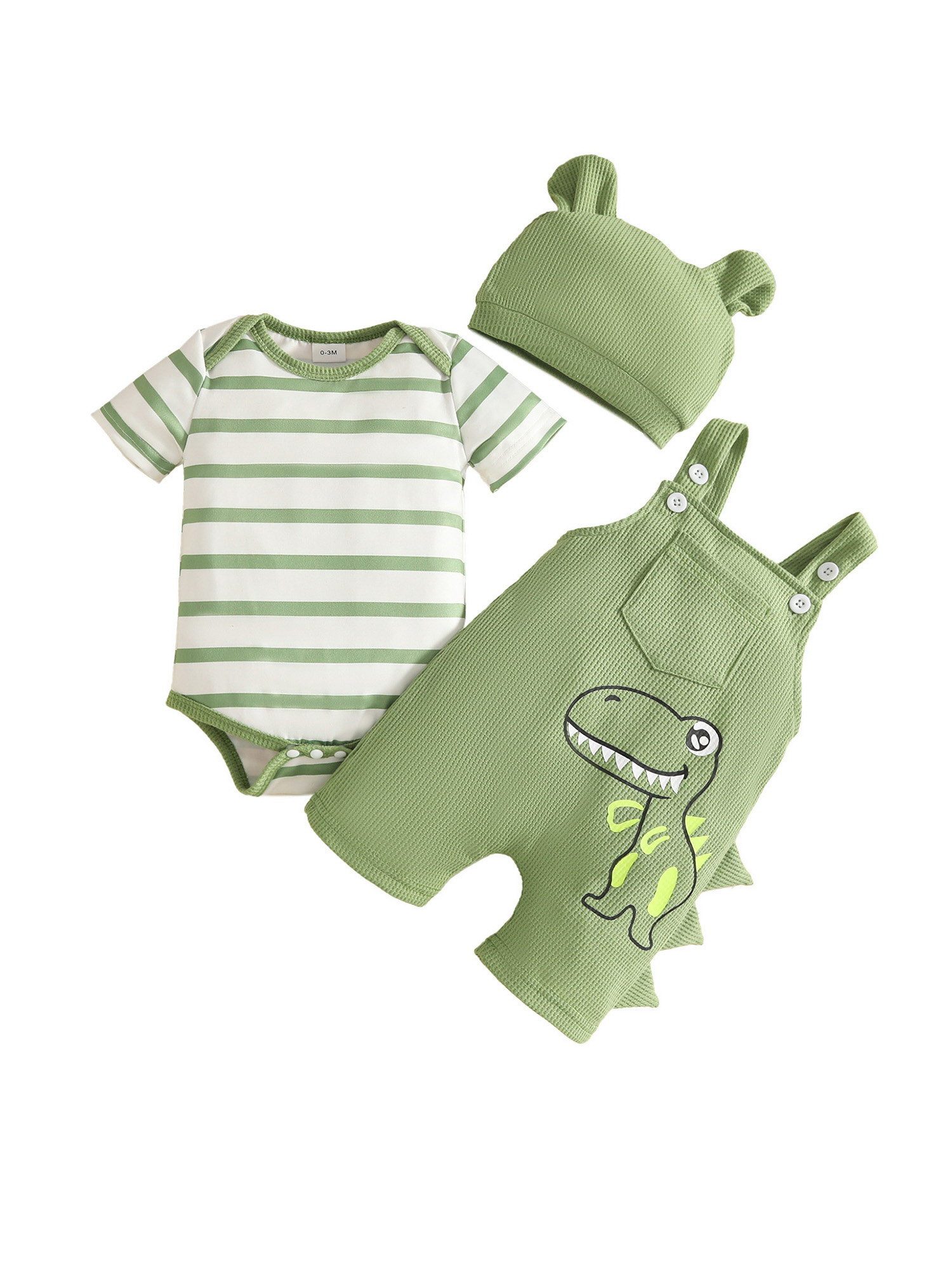 Gluckids Shirt, Hose, Jacke & Mütze Jungen Sommeroutfit, gestreifter Strampler, Bedruckter Latzhose, Mütze (Set, 3-tlg) Neugeborenes Casual Anzug mit Dinosaurier-Print, Geburtstagsgeschenk