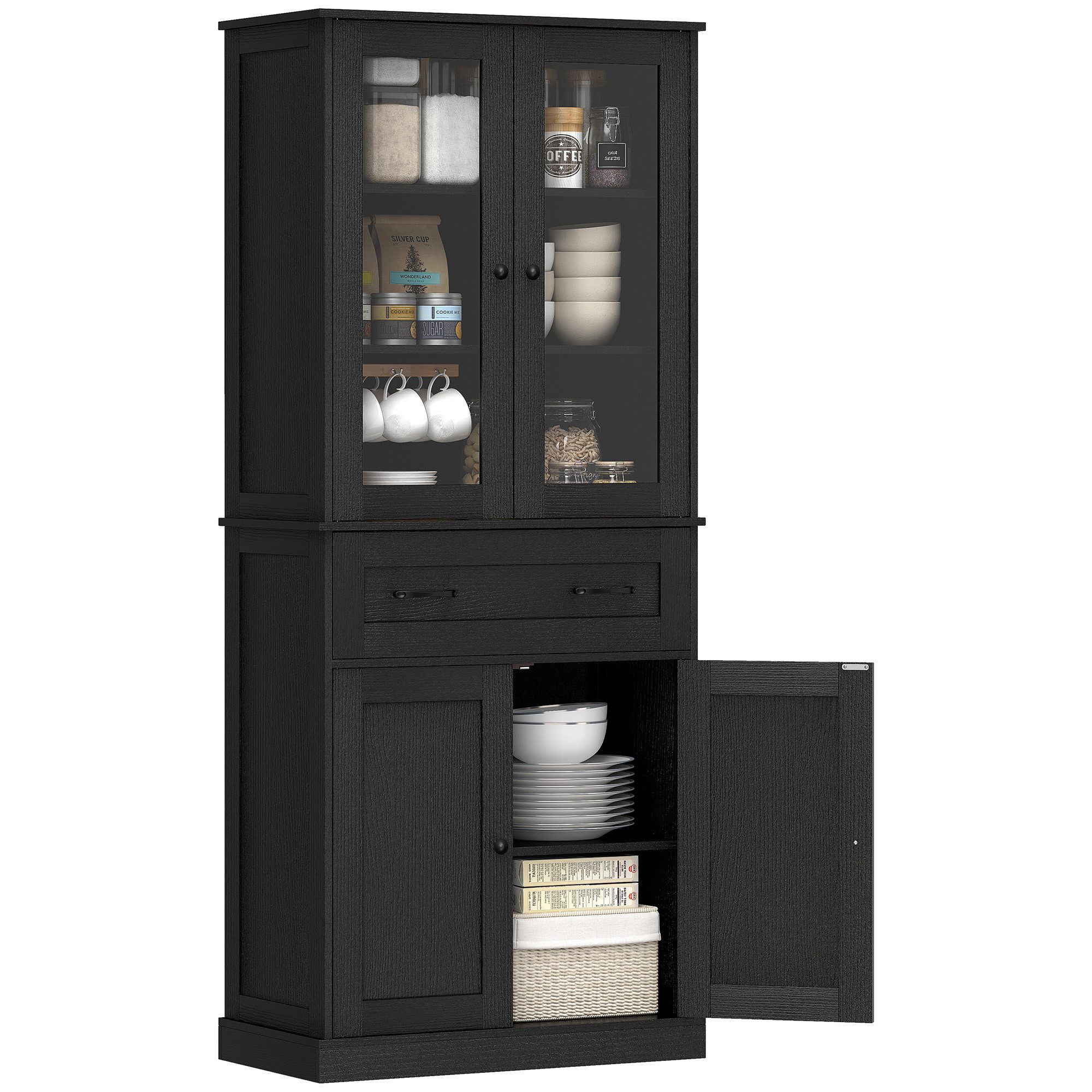 HOMCOM Hochschrank mit verstellbaren Regalboden (Vitrinenschrank, 1-St., Hochschrank) für Küche, Esszimmer, Schwarz