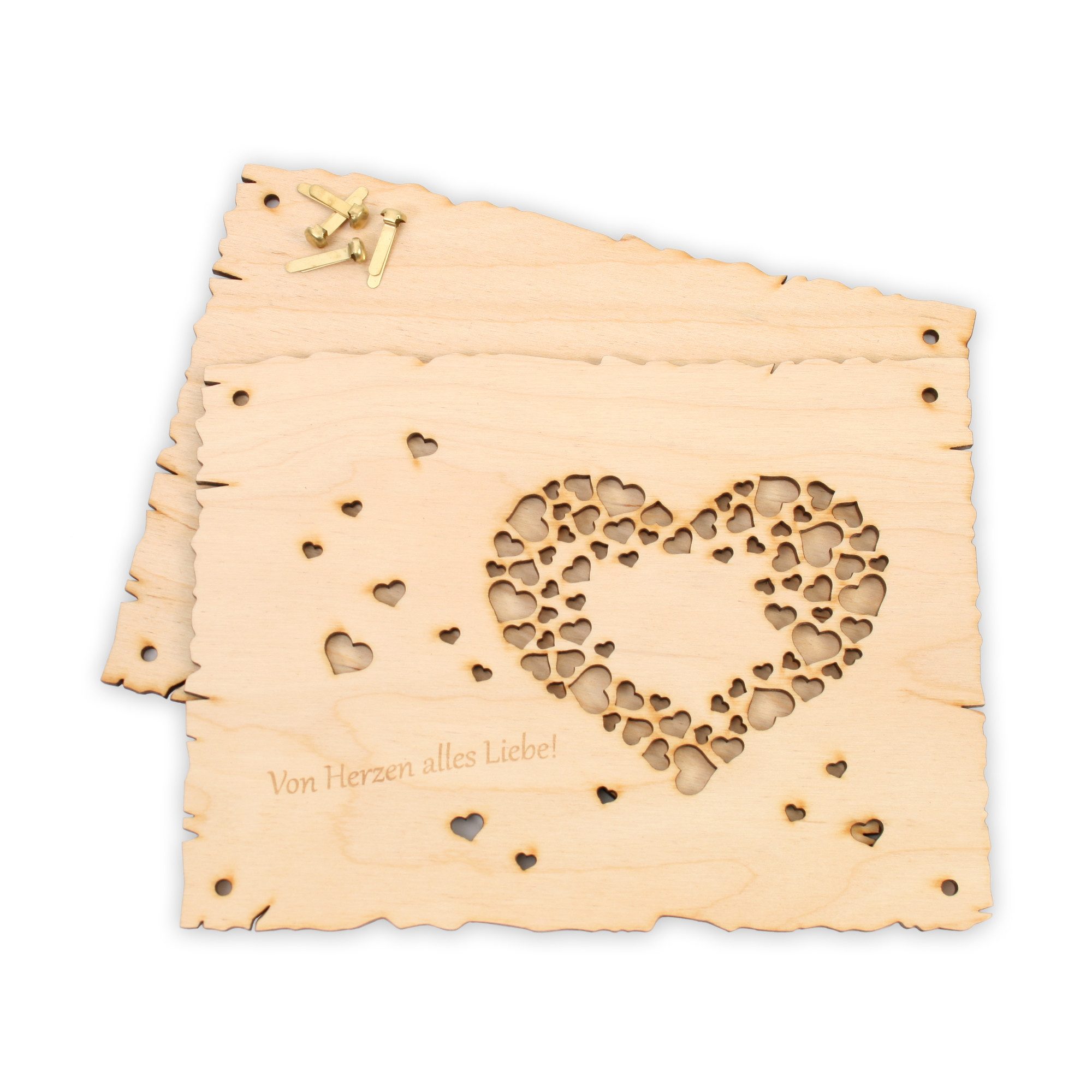 Kreative Feder Glückwunschkarte „Von Herzen alles Liebe“ - Glückwunsch-Karte aus Holz für alle Anlässe, Geschenk-Karte für Geldgeschenke; Größe ca.: 14,6 x 19,7cm