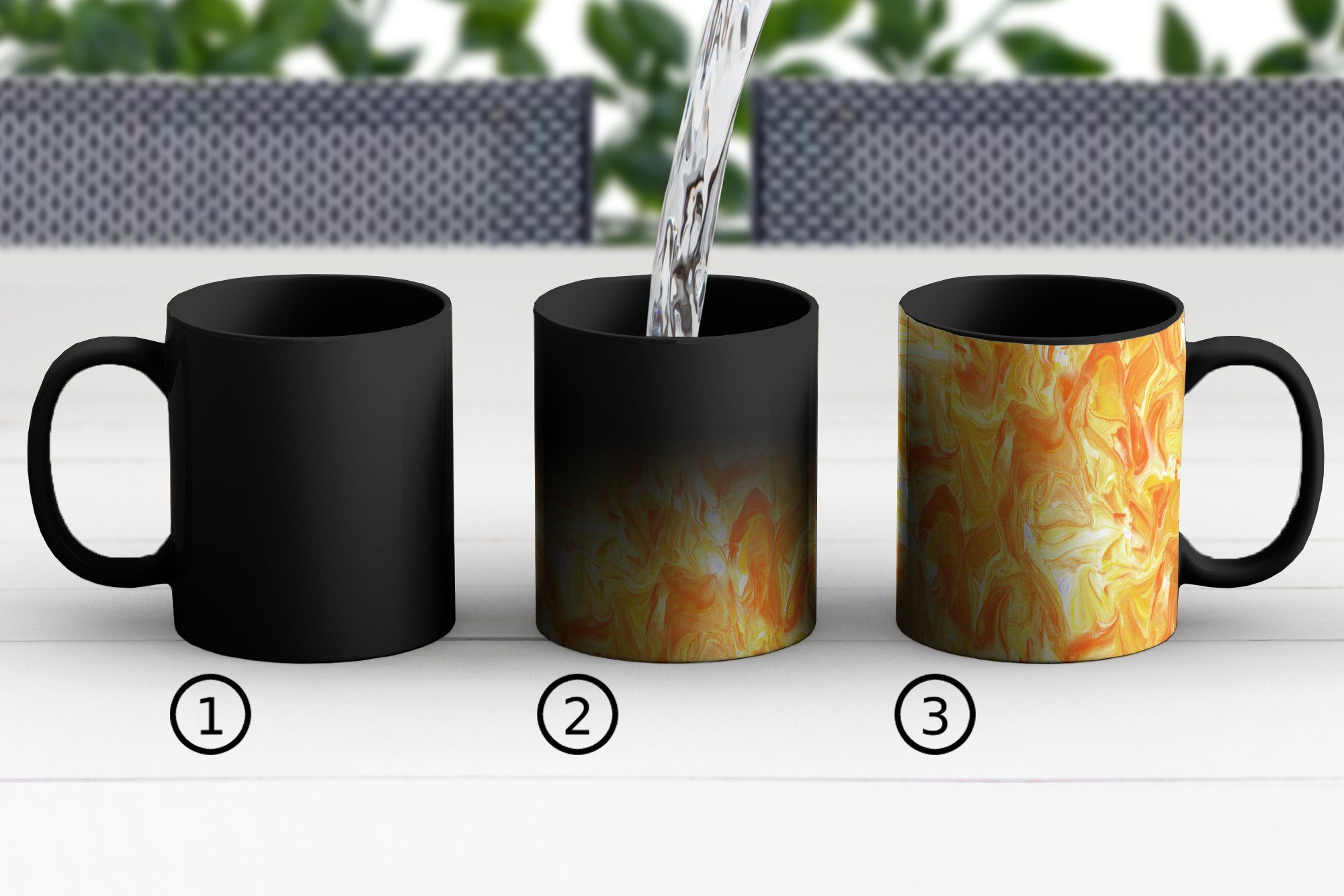 MuchoWow Gelb - Design, Geschenk Farbwechsel, Keramik, - - Teetasse, Kaffeetassen, Zaubertasse, Orange Marmor Tasse