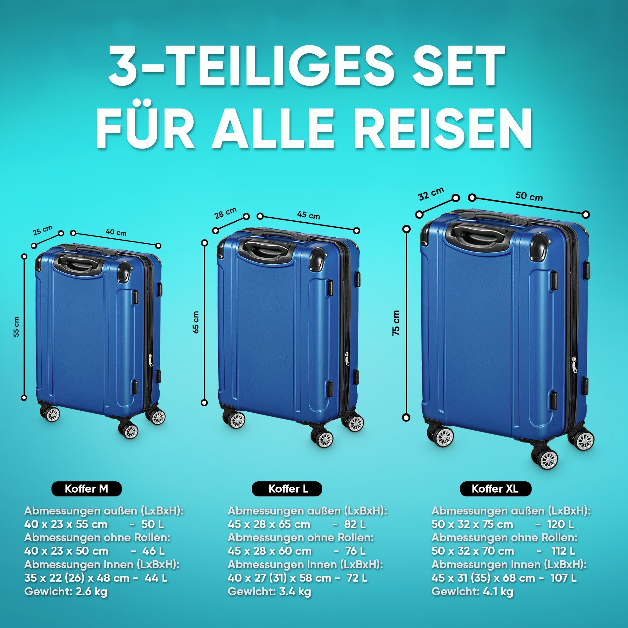 Reisekoffer nebel-blau teilig Kofferset VESKA Hartschalenkoffer Koffer Trolley ABS-Hartschale, Zahlenschloss mit TSA Rollkoffer 3 Trolleyset 4 Rollen,