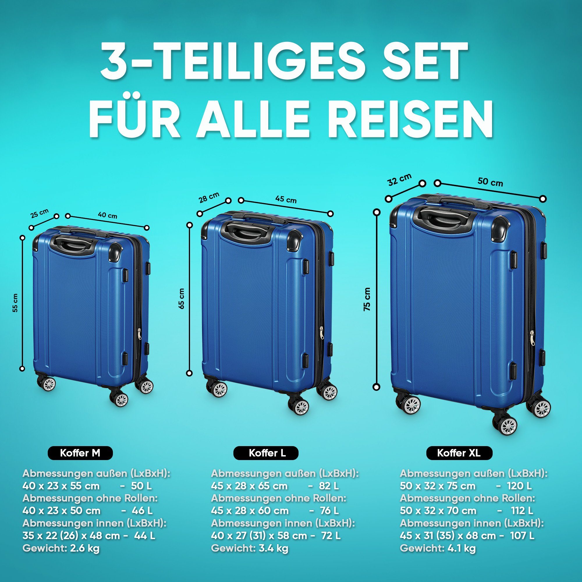 Koffer ABS-Hartschale, TSA Trolleyset Hartschalenkoffer Zahlenschloss schwarz Rollen, teilig Trolley 4 3 Kofferset Reisekoffer VESKA Rollkoffer mit