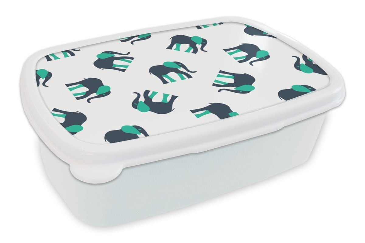 MuchoWow Lunchbox Elefant - Muster - Grün, Kunststoff, (2-tlg), Brotbox für Kinder und Erwachsene, Brotdose, für Jungs und Mädchen weiß