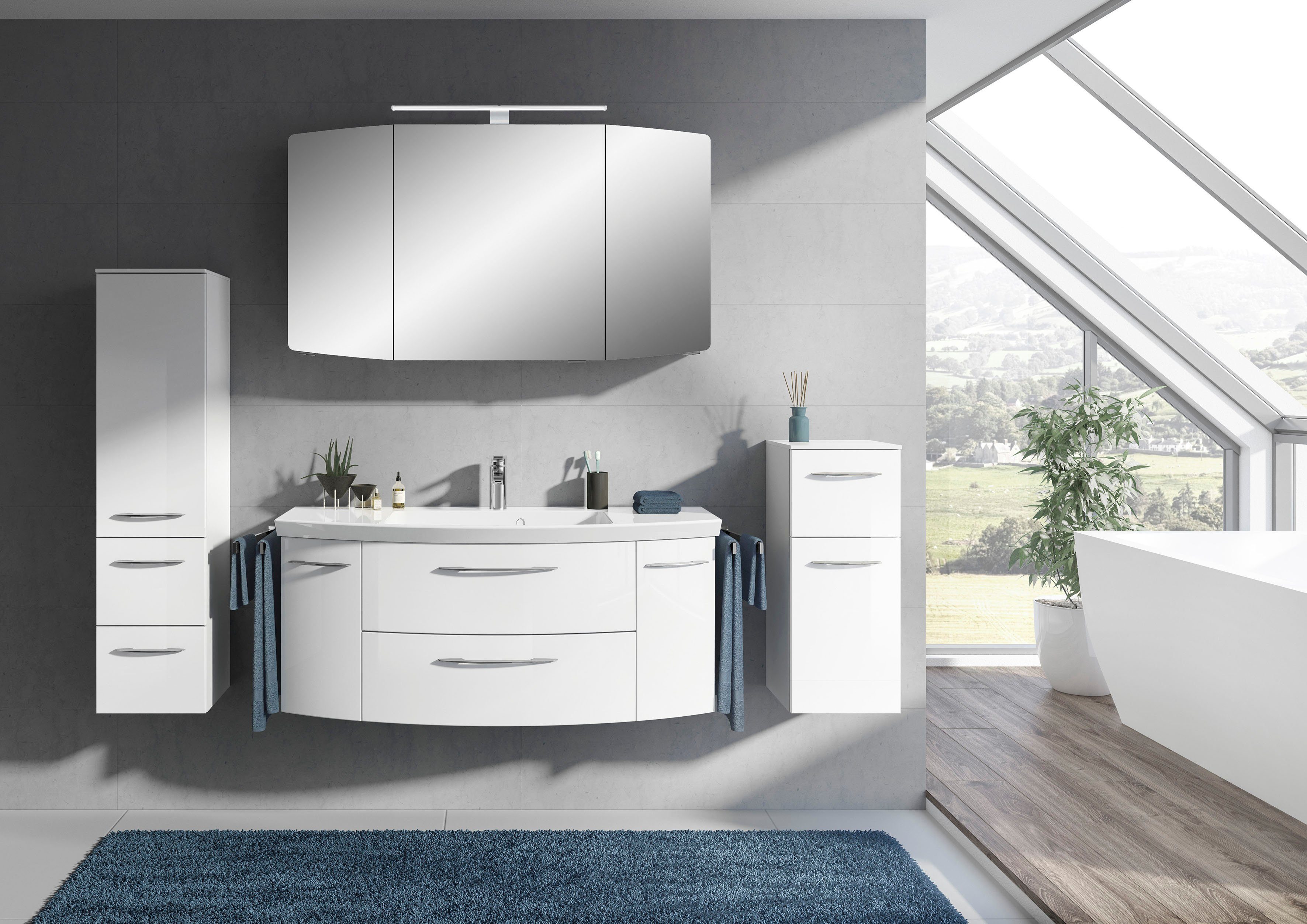 Saphir Badmöbel-Set Cassca Sprint 4-teilig Mineralmarmor-Waschtisch mit LED-Spiegelschrank, (5-St), Midischrank, Unterschrank, inkl. Türdämpfer, 7 Türen, 5 Schubladen