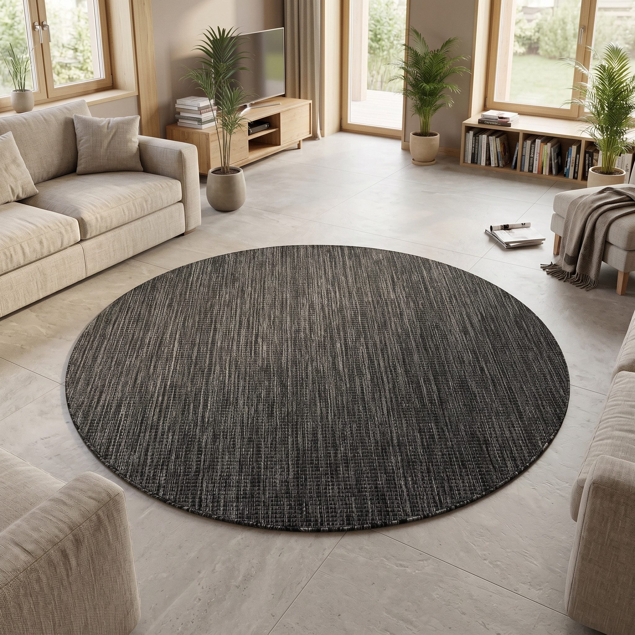 Teppium Teppich Einfarbig, Rund, Höhe: 3 mm, Teppich Wetterfest Waschbar Balkon, Garten, Terrasse und Küchenteppich