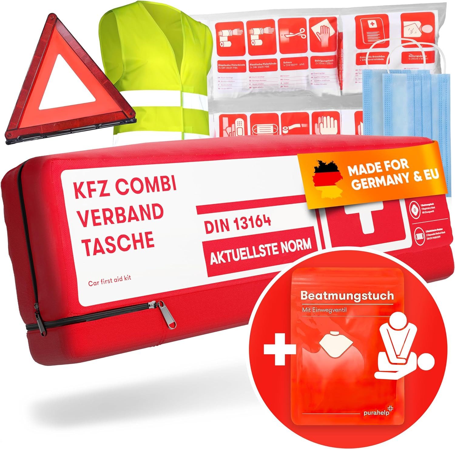 Purahelp KFZ-Verbandtasche Kombitasche nach aktueller Norm 2025 DIN 13164 (StVO konform), (Inkl. Warndreieck, Warnweste -, 1 St), Verbandskasten Warndreieck Set Verbandskasten Auto 2025
